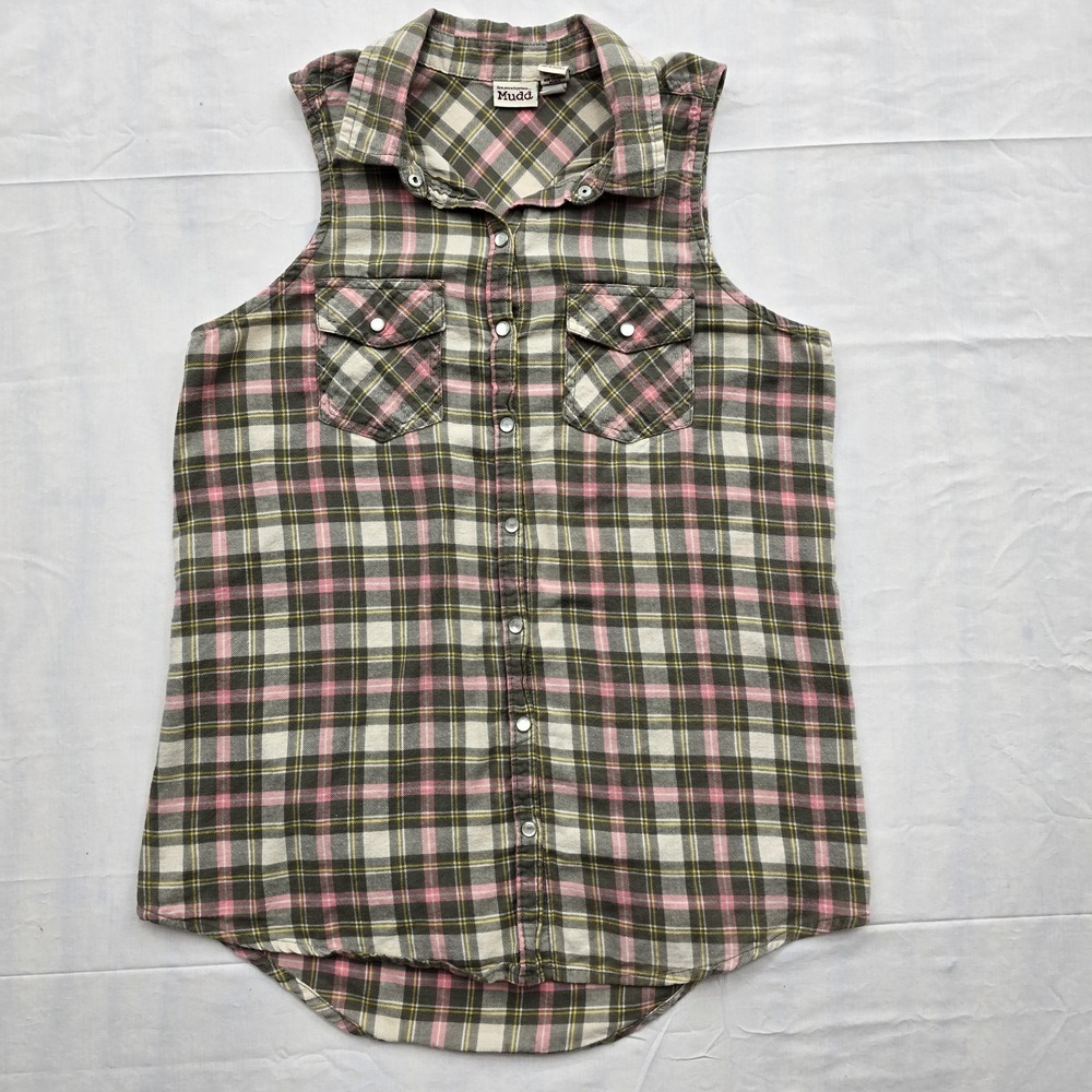 Mudd Women's M Plaid Sleeveless Snap Button Shirt Pink Gray Y2K Western Grunge